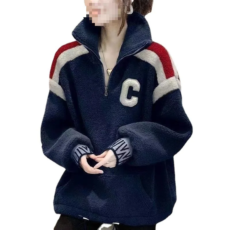 Ropa Deportiva de imitación de cordero para mujer, sudaderas de felpa, suéter superior cálido, Jersey Retro, abrigo suelto, moda de otoño e invierno