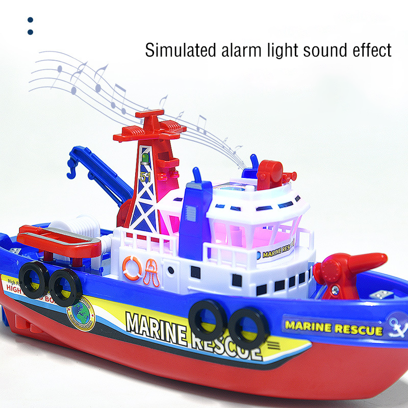 Barco aspersor elétrico para crianças, brinquedo de banho, modelo de resgate, barco de incêndio, quebra-cabeça LED, luz e música, 3-6 anos