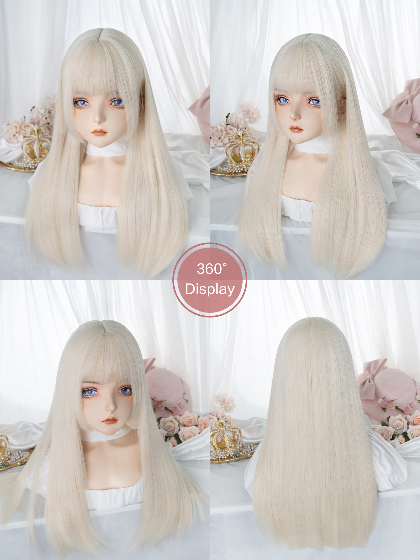 26 インチブロンドプラチナゴールデン合成かつらバングロングナチュラルストレートヘアウィッグ女性のための姫カットコスプレ耐熱