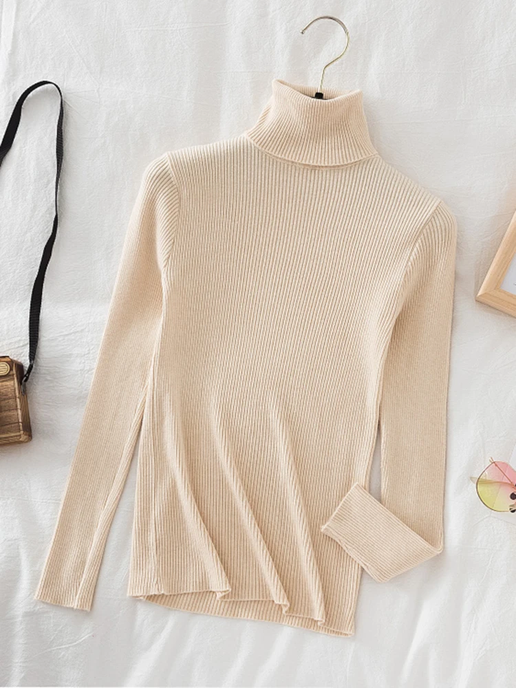 Moda coreana cuello alto mujer Otoño Invierno suéter básico sólido Casual ajustado elástico acanalado tejido Top mujer suéteres