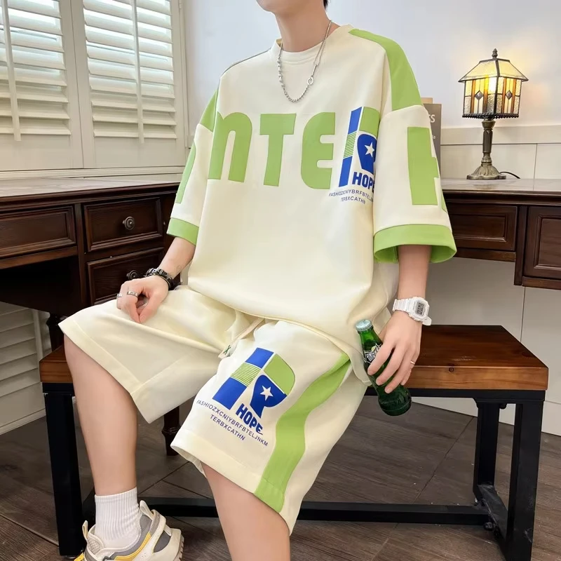 Neues Jugend-Freizeitsport-Set für Herren im Sommer, lockere Kurzarm-Shorts für Herren, trendiges zweiteiliges Set, leicht und transparent S