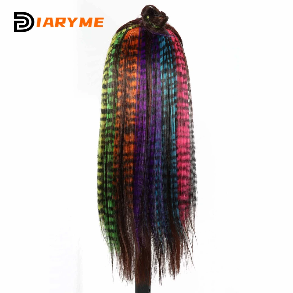 Extensão de cabelo sintético com uma cartão, peruca longa e reta com prendedor colorido de linha zebra, extensões de cabelo de penas, cabelo falso