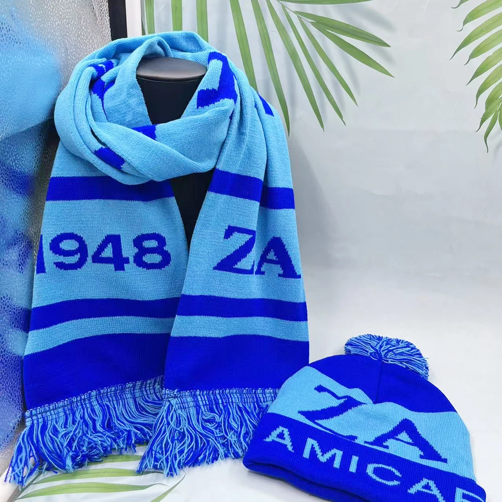 Hermanas de la Universidad Fiesta ZA 1948 Alfabeto griego Icónico Invierno Azul claro Azul real Bufanda Conjunto de sombrero