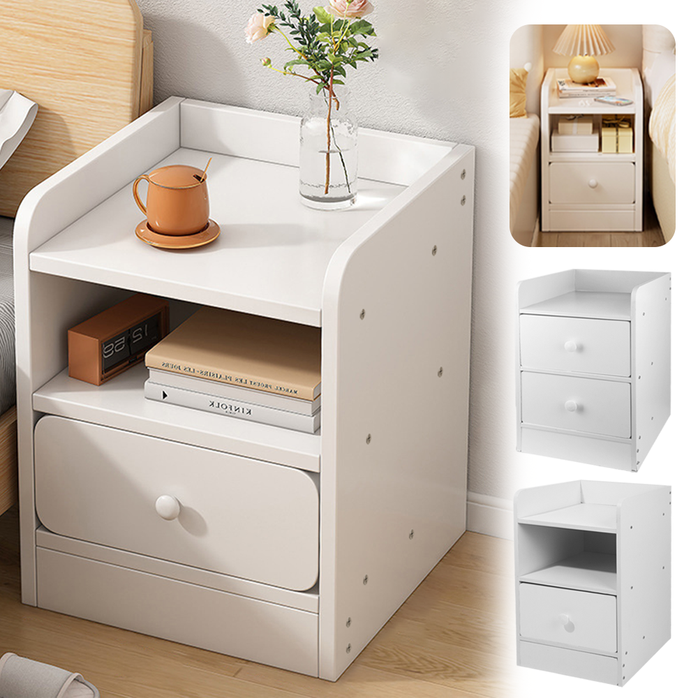 Double Drawer Night Table, White Bedside Table, Small Footprint, Durable And Sturdy, Smooth Rounded Edges And Corners
