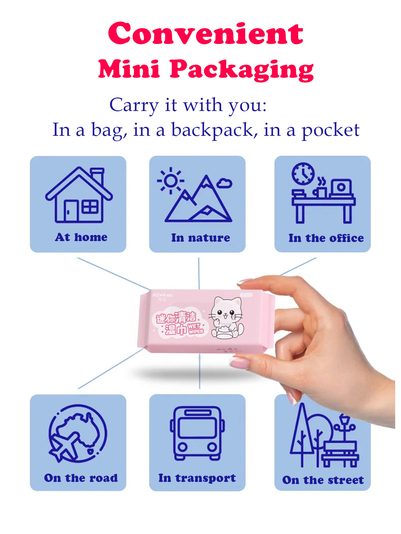 56 pezzi di mini salviette per gattino rosa, 1 confezione x 8 sacchetti piccoli - elementi essenziali per il viaggio, morbidi e spessi, confezionati singolarmente, detergenti