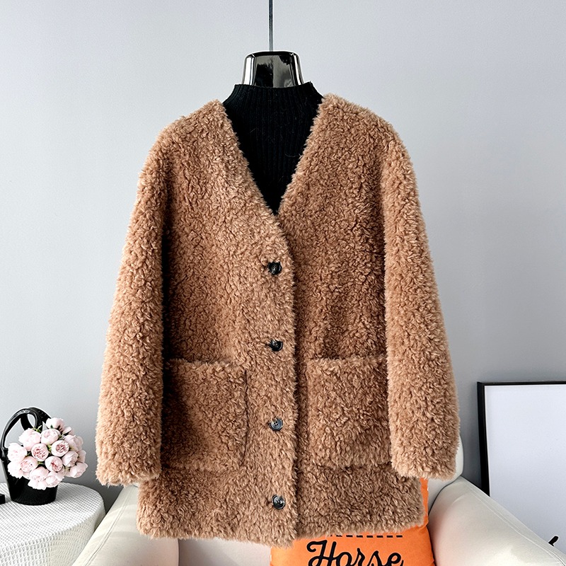 女性用ミドル丈ラムウールジャケット,女性用シープシャーリングコート,Vネックシルエットカーディガン,パーカjt413,2024