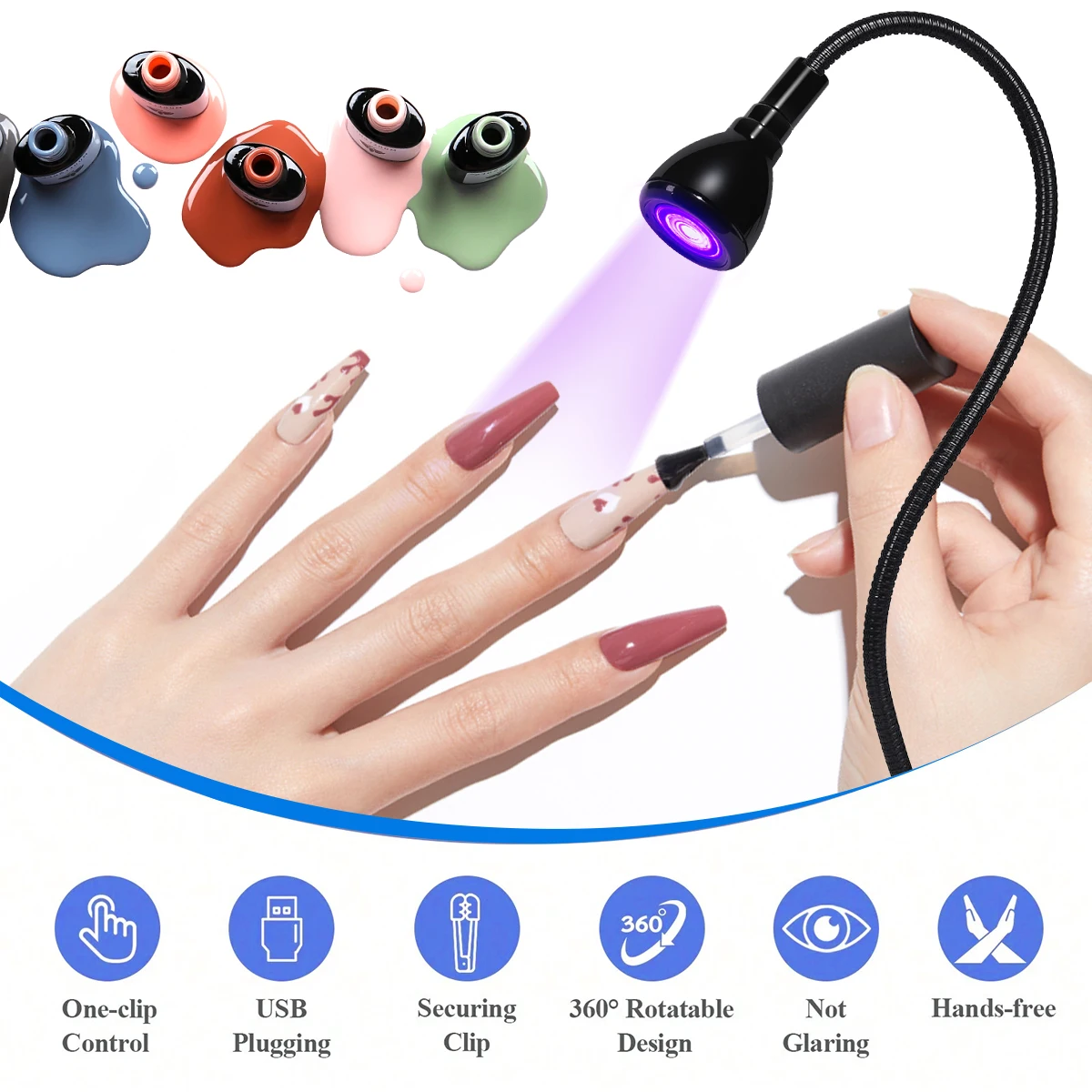 Gooseneck lâmpada de realce de unhas clipe usb lâmpada de mesa 395 luz de realce de unhas polonês uv cura violeta luz secagem rápida