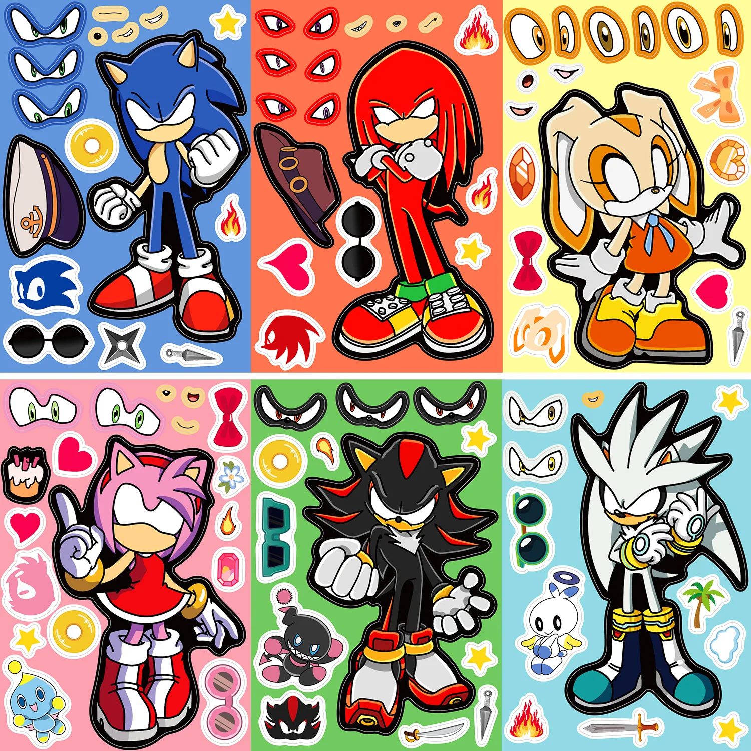 8 folhas anime sonic o ouriço quebra-cabeça adesivos kawaii fazer um rosto livro adesivos bonito dos desenhos animados diy engraçado adesivo brinquedo crianças presente