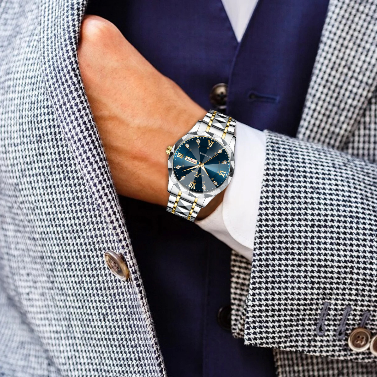 Herrenuhr Wasserdiamant Luxus Night Glow Doppelkalender Quarzwerk 41mm Blau Gold Edelstahl Mode Business Uhr
