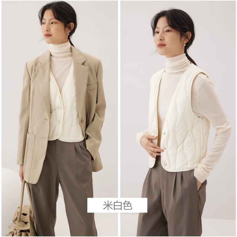 เสื้อโค้ทหญิง เสื้อกั๊กคอวีขนเป็ดสีขาวสำหรับผู้หญิงเสื้อกั๊กคอวีแขนกุดให้ความอบอุ่นสำหรับ2023ฤดูใบไม้ร่วงฤดูหนาว MODE Korea