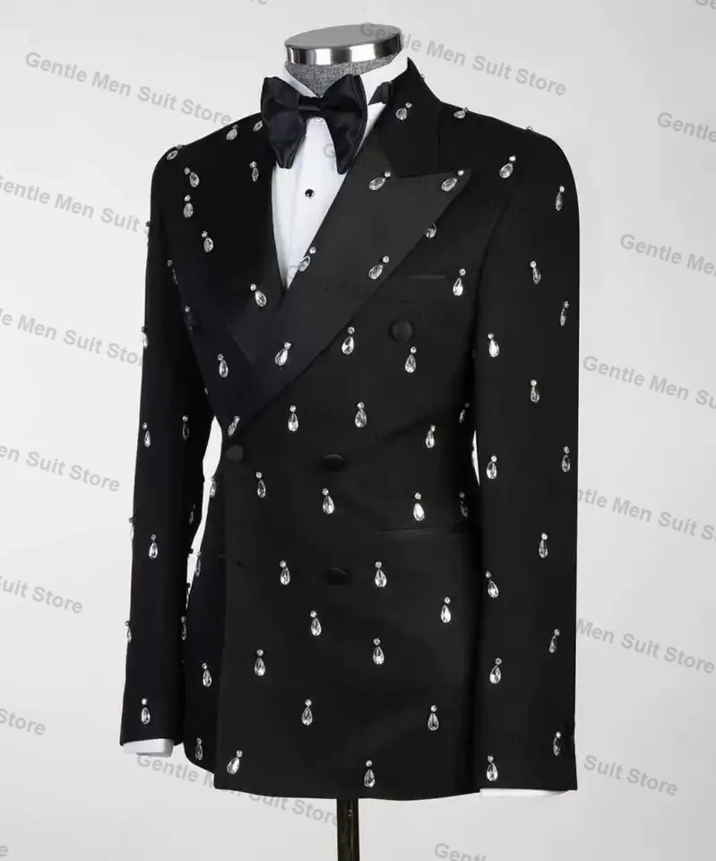 คริสตัลสีดําผู้ชายชุด 2 ชิ้นเสื้อ + กางเกงคู่งานแต่งงาน Tuxedo Coat ที่กําหนดเองสํานักงานอย่างเป็นทางการเสื้อกางเกง