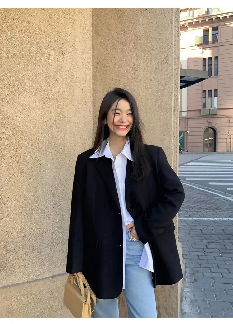 Frauen Schwarz Anzug Jacke Langarm Blazer Koreanische Mode Zurück Split Büro Blazer Damen Lose Mantel