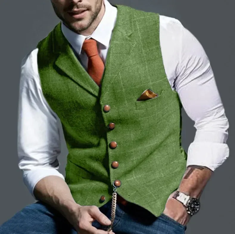 Herren Casual Classic Anzugweste Retro Herringbone Revers Baumwollmischung Tweed Slim Business Pendleranzug Gefütterte Weste S-3XL