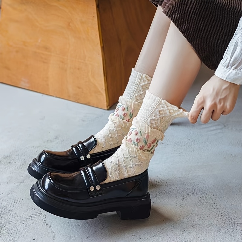 Conjunto de calcetines florales para mujer, calcetines tobilleros con textura 3D de flores, mezcla de algodón, de la suerte, 4 pares