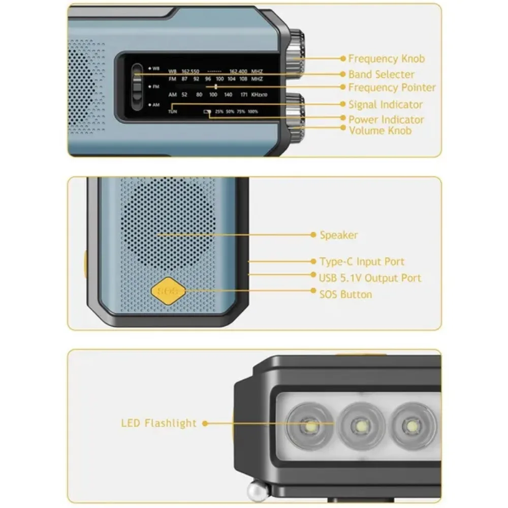 Radio pogodowe Awaryjne wielofunkcyjne radio FM AM WB Korba ręczna Solar USB Ładowanie 2000mAh Power Bank Latarka LED