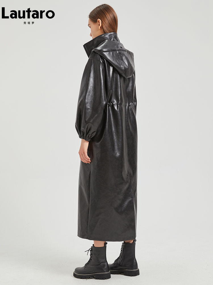 Lautaro-abrigo largo impermeable para mujer, abrigo de lluvia de cuero Pu marrón desgastado con capucha y cremallera con cordón, moda europea, primavera y otoño