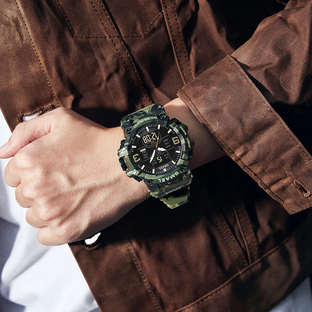 นาฬิกาทหารผู้ชายกีฬานาฬิกานาฬิกากันน้ํานาฬิกาปลุก Dual Time นาฬิกาข้อมือดิจิตอล 8049B Army นาฬิกาทหาร