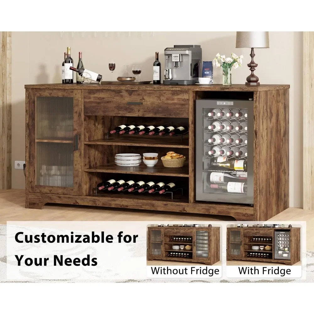 Bar Cabinet with Mini Fridge Space, 70.9” Large Wood Wine Cabinet with Cooler Space, Farmhouse Long Liquor Cabinet with Drawer