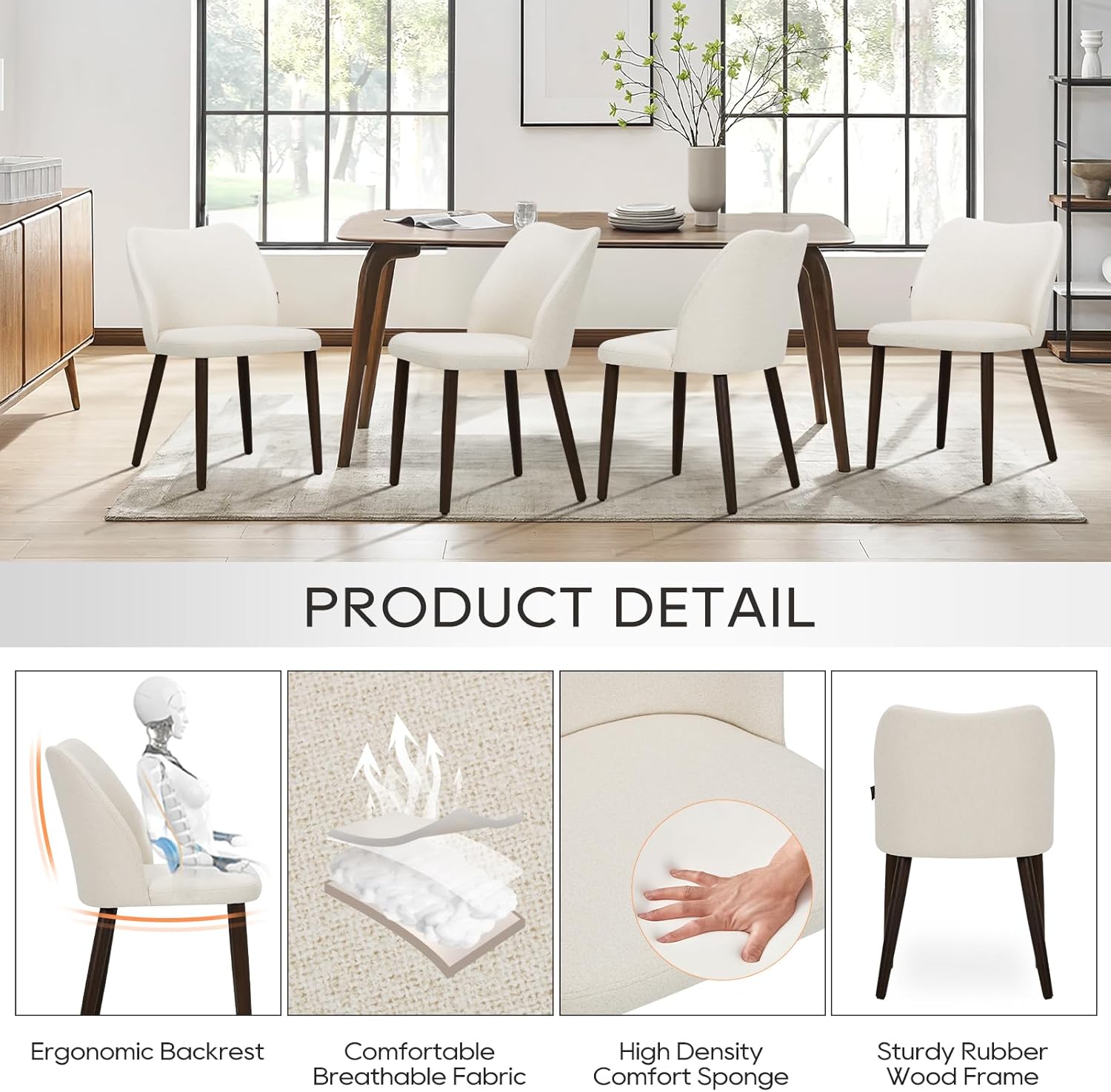 Upholstered Dining Chairs Set of 4, Modern Fabric Dining Room Kitchen Side Chair with Padded Seat and Wood Legs for Resta