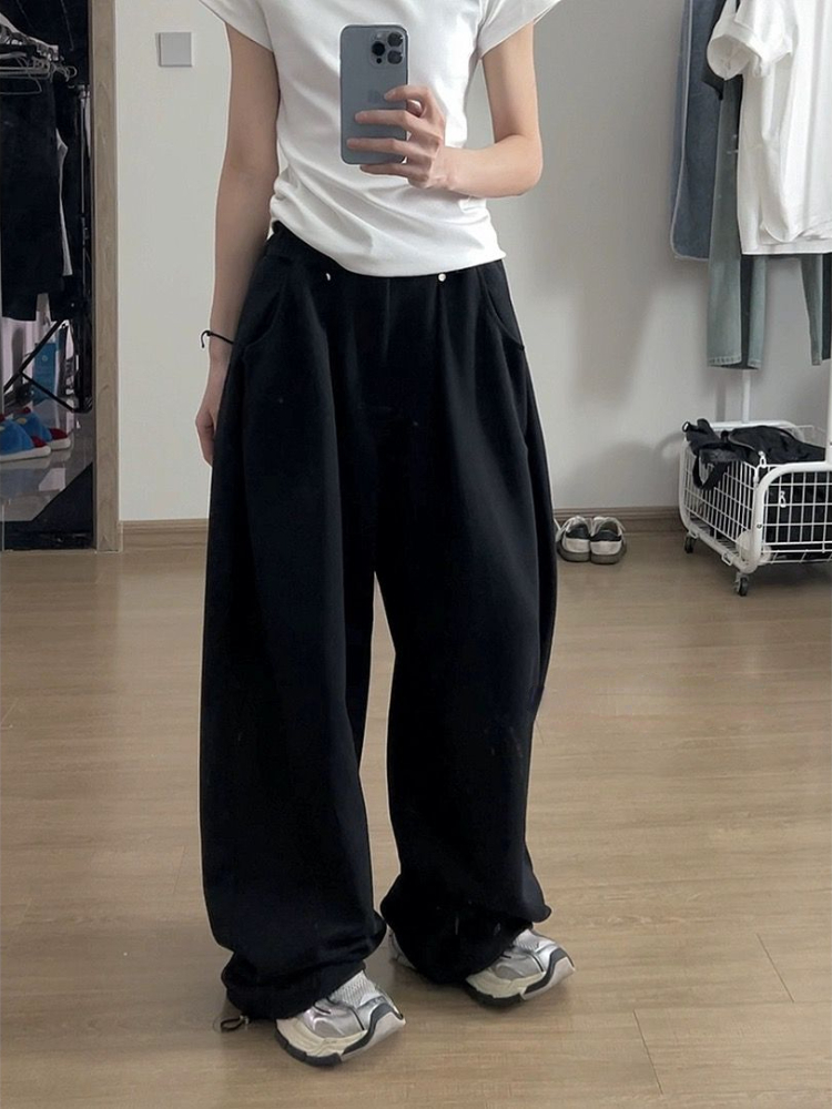 HOUZHOU-pantalones de chándal holgados Vintage para mujer, pantalón de pierna ancha holgado coreano Y2k con cremallera, Pantalón deportivo informal, ropa de calle, otoño 2024