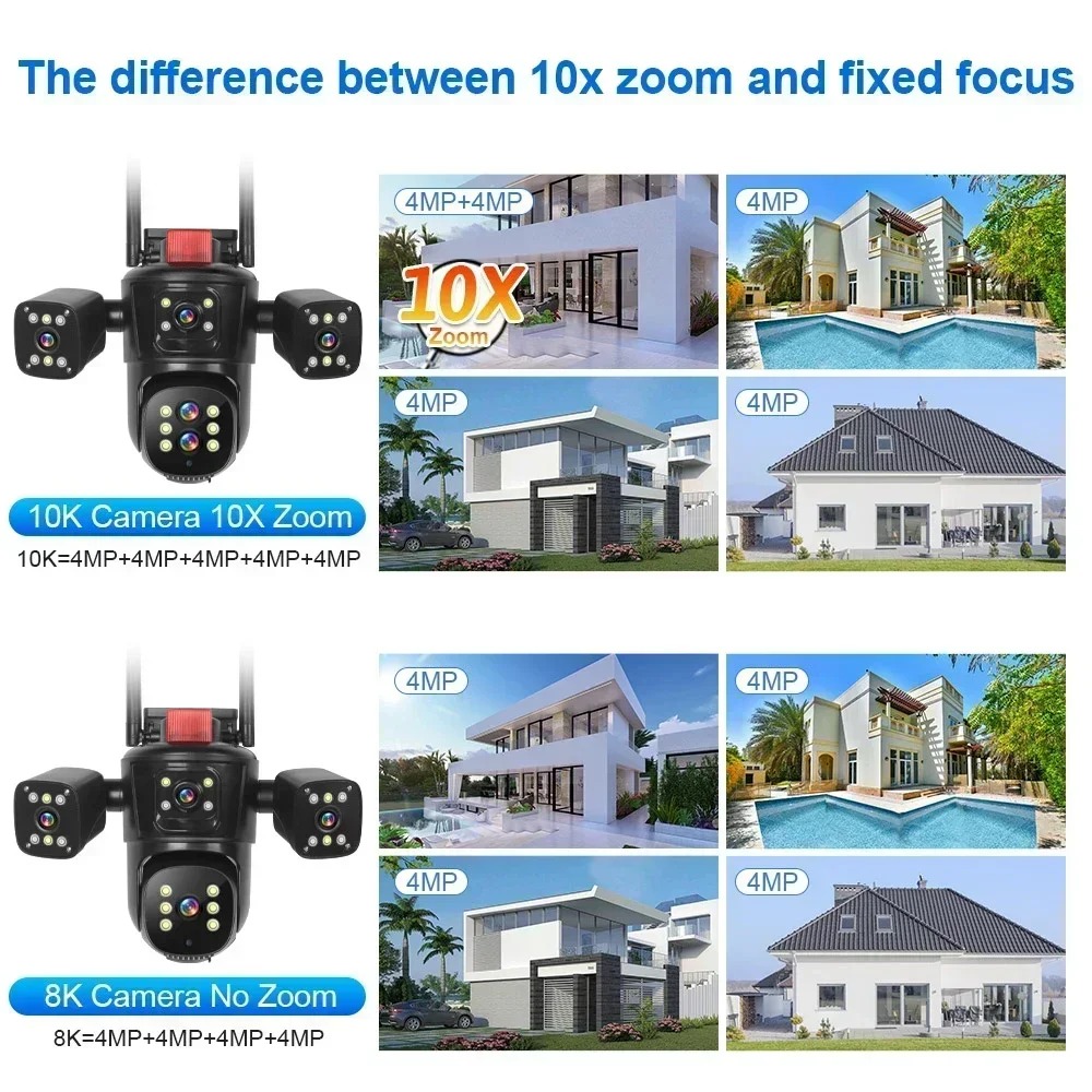 20MP WiFi Network Camera 10K Wireless Outdoor 10X Zoom Four Screen Four Lens PTZ Automatic Tracking Waterproof Security Cam CCTV