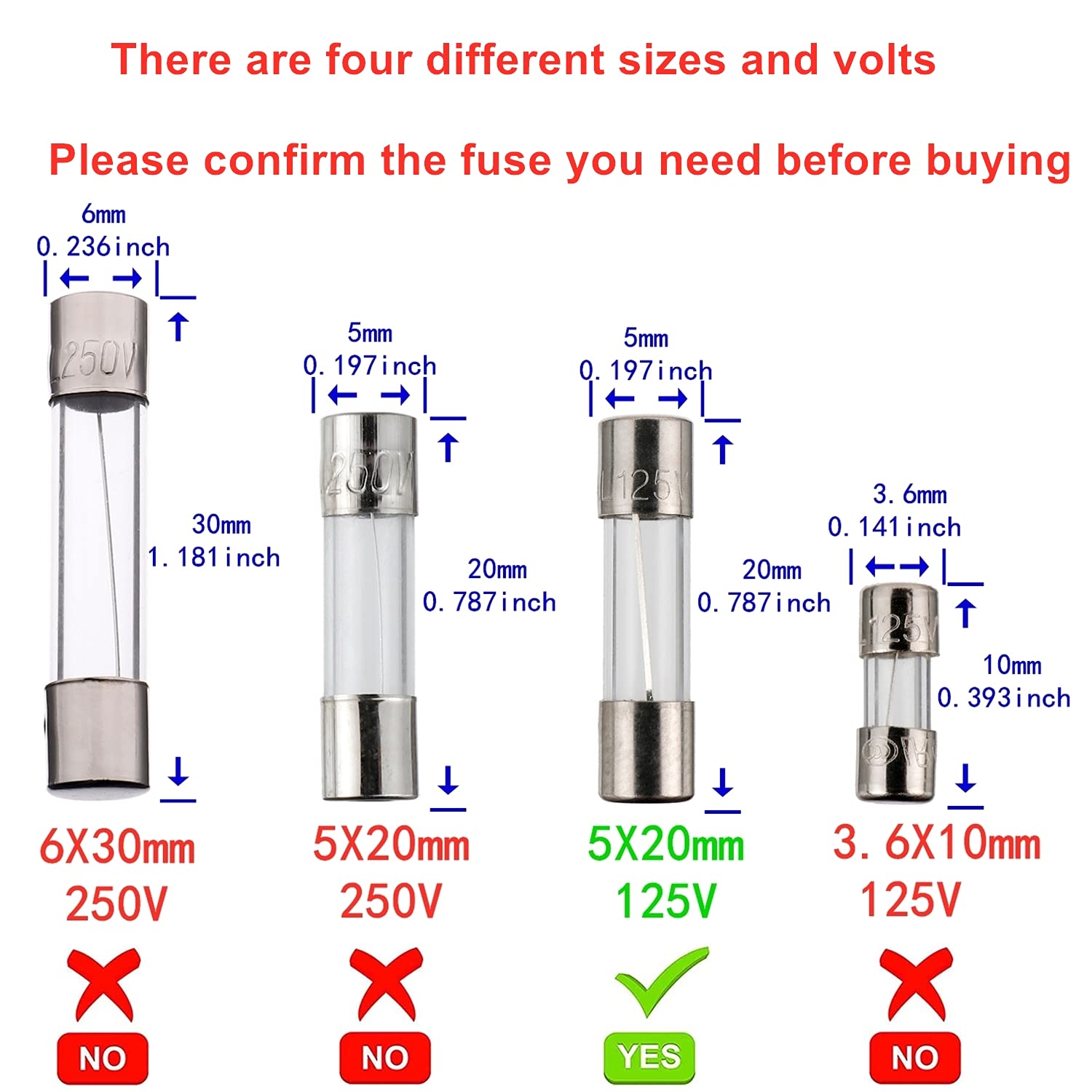 100pcs Fast-Blow Glass Tube Fuse Assorted Kit, 5x20mm 250V 10 Values Fuses 0.5A, 1A, 2A, 3A, 5A, 6A, 8A, 10A, 15A, 20A