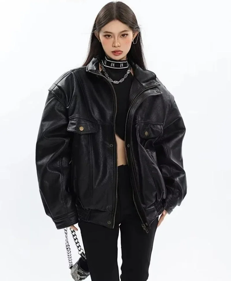 Veste en cuir Vintage pour femmes, manteau surdimensionné de Style coréen pour femmes, coupe-vent de printemps en PU, veste d'aviateur ample unisexe en fausse fourrure