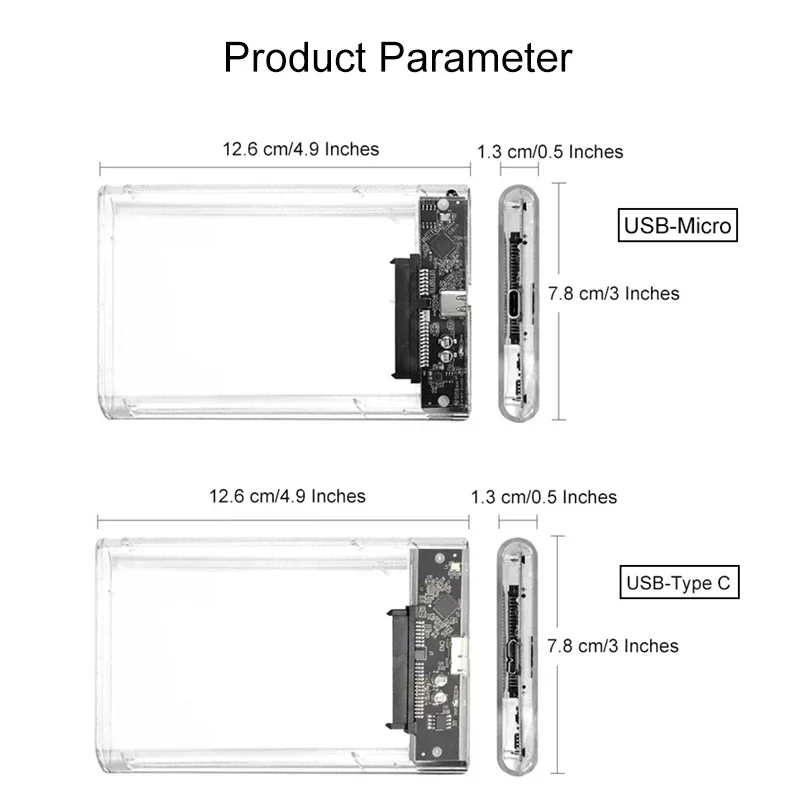 USB 3.0 HDD Enclosure 2.5inch SATA SSD Hard Drive Case with 5Gbps Transfer Speed and Transparent Design Mobile External Housing