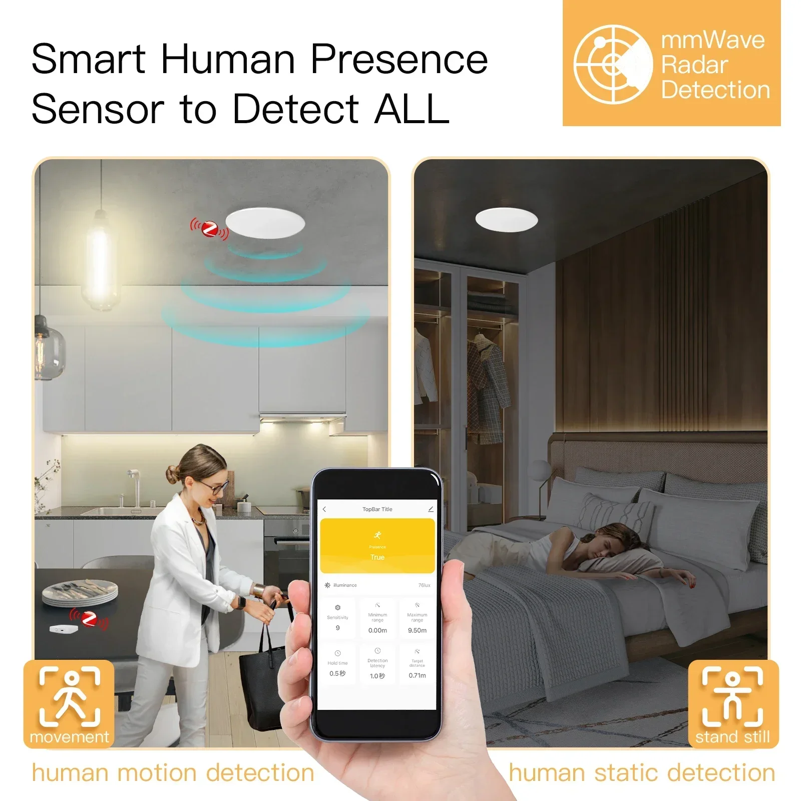 MOES Tuya Smart ZigBee Detector de presencia humana Sensor de detección de Radar fotométrico 2 en 1 función Smart Life techo PIR Hub