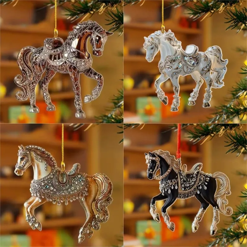 Colgante para espejo retrovisor de coche, caballo acrílico 2D, adorno para árbol de Navidad, decoración colgante para fiesta de Año Nuevo