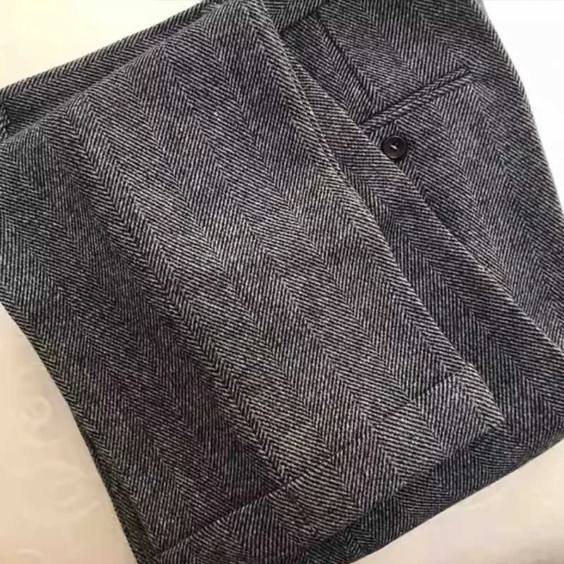 Amerikanische Retro-Tweed-Herrenhose aus hoch taillierter Fischgrätenmuster aus Wolle mit geradem Bein für Herbst und Winter in großen Größen