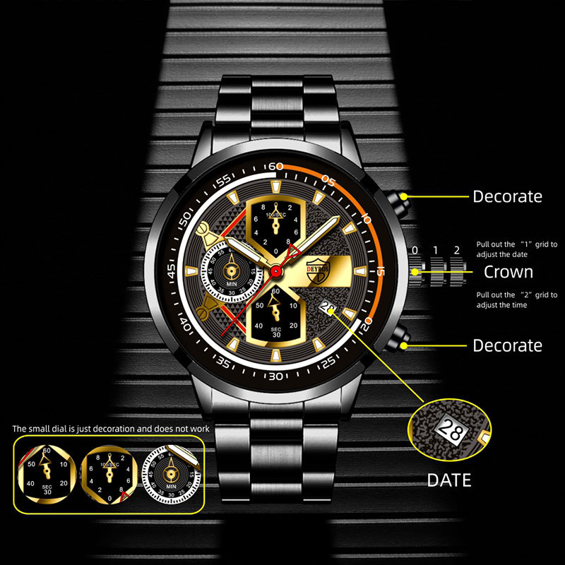 Reloj luminoso para hombre, cronógrafo de cuarzo de acero inoxidable a la moda, con calendario dorado de lujo
