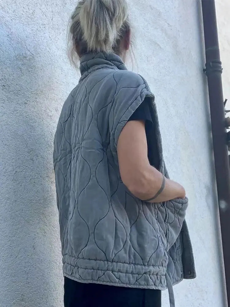 Traf outono inverno feminino gola de pé leve sem mangas algodão casaco colete feminino bolso decoração regata