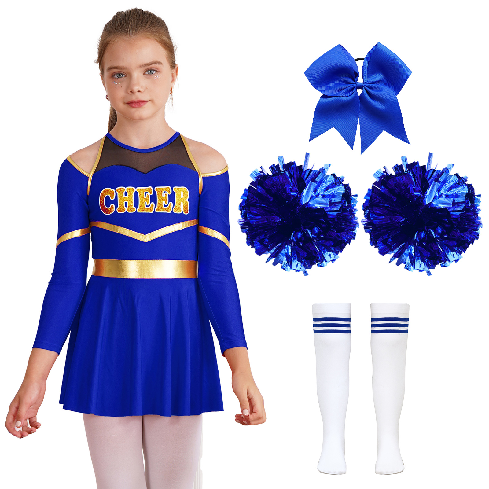 Disfraces de porristas para niñas, uniforme, vestido de baile de manga larga con flores de mano, calcetines a rayas para puesta en escena