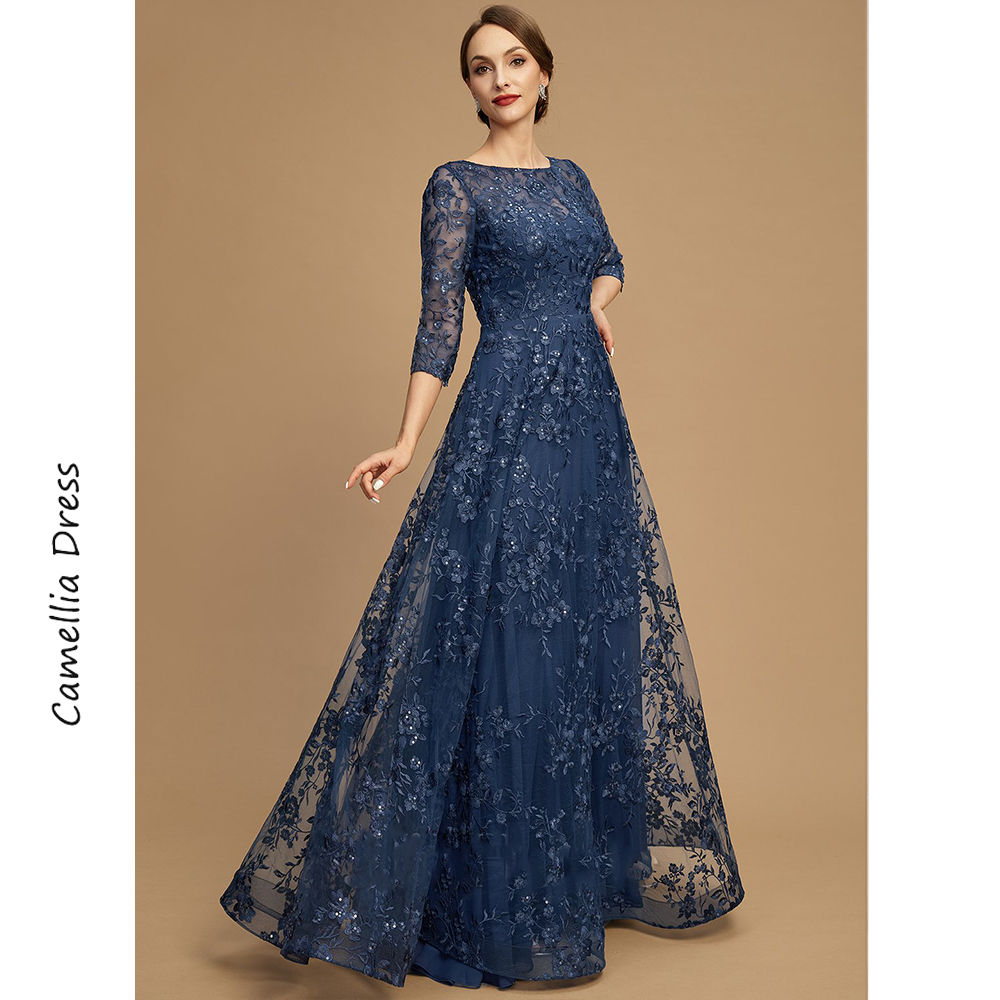 Neue A-Linie Abend Scoop Illusion Kleid elegante und hübsche Frauen kleider Spitze Pailletten Mutter der Braut Kleider Vestido