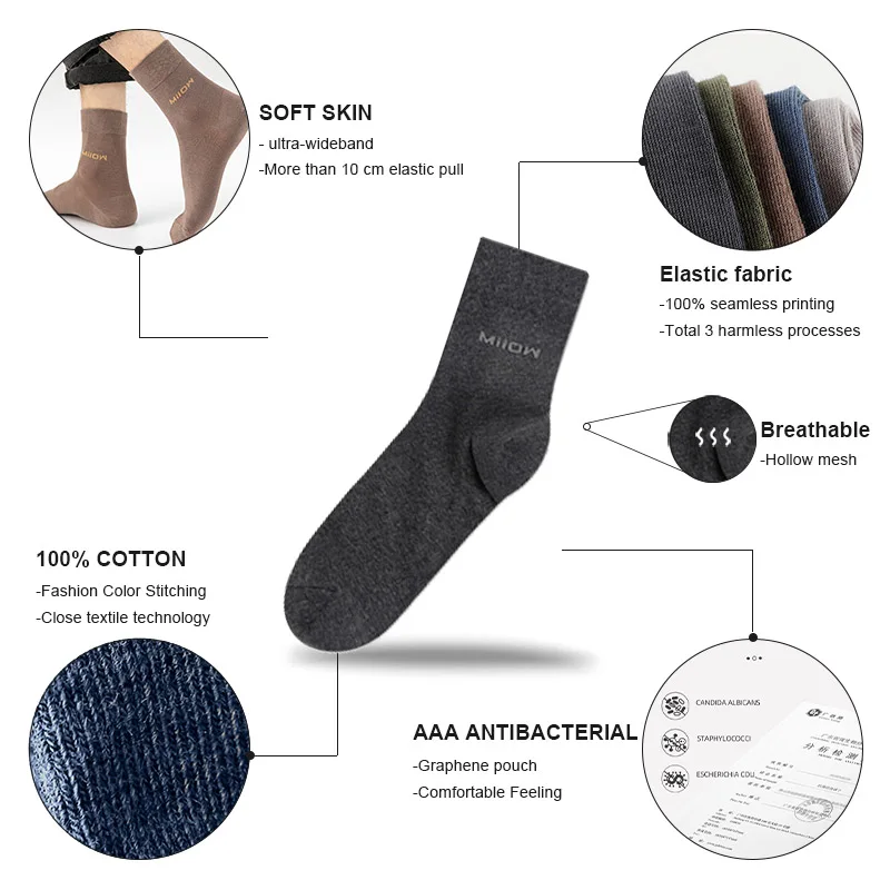 MiiOW 5 pares de calcetines de algodón para hombre, calcetines negros de negocios para hombre, calcetines desodorantes para hombre, calcetines informales transpirables de Color sólido para hombre de talla grande