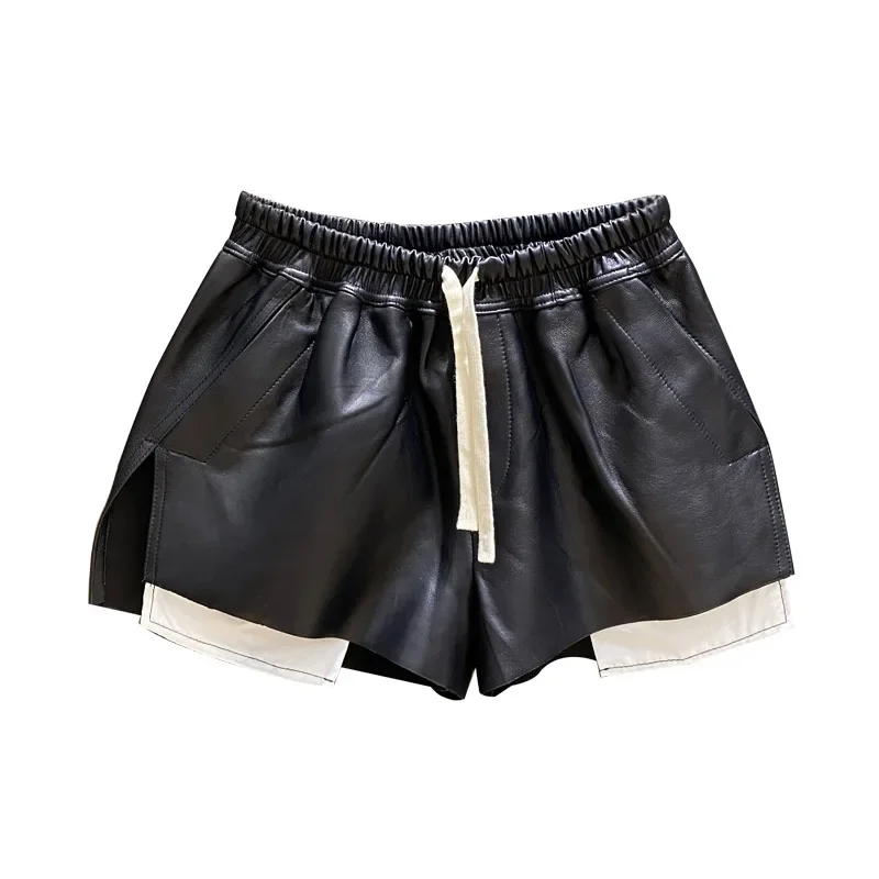 봄 가을 패션 블랙 화이트 컬러 매칭 Drawstring PU 가죽 반바지 여성 루즈 캐주얼 우아한 스플릿 와이드 레그 바지