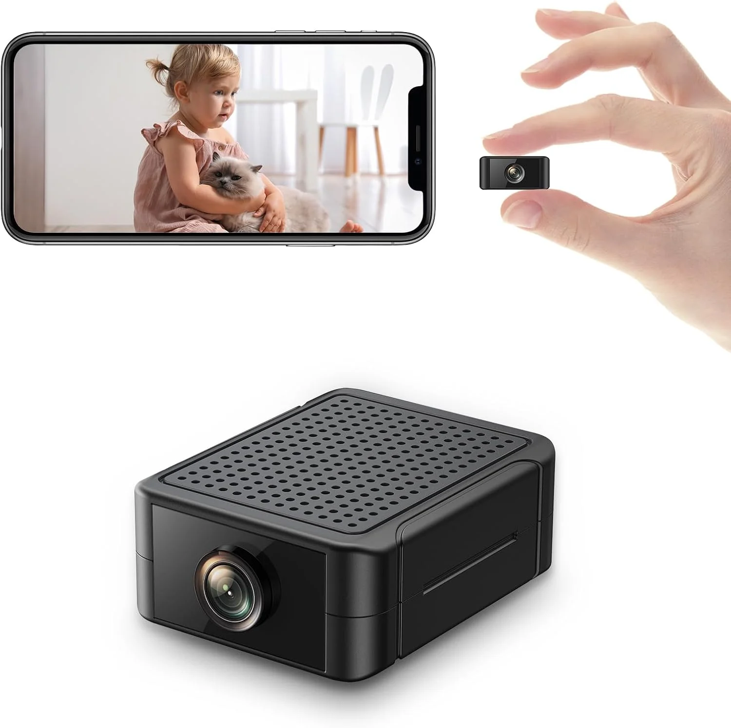 Cámara pequeña 4K con función de disparo nocturno. Batería de 4 horas. Con detección de movimiento para almacenar datos en SD o en la nube. Viene con control de aplicación móvil para proporcionar alertas en tiempo