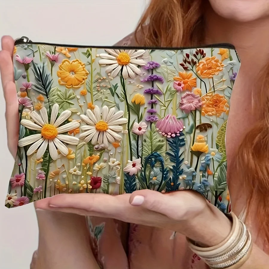 Floral Canvas Makeup Bag Zipper Pouch with Lining Daisy Wildflower Toiletries Organizer Perfect Gifts for Women Teachers Friends