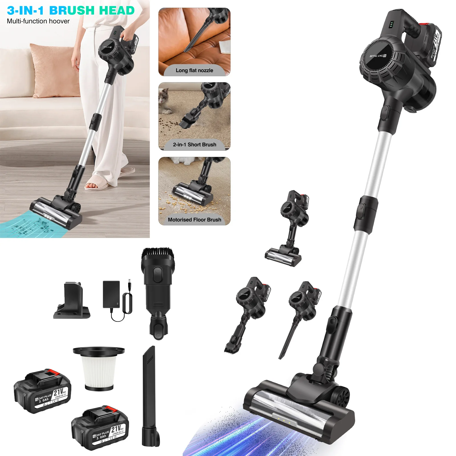 DayPlus 3 en 1 aspirateur sans fil 3800W Hoover vertical léger aspirateur à main sans sac sans brosse 30KPA