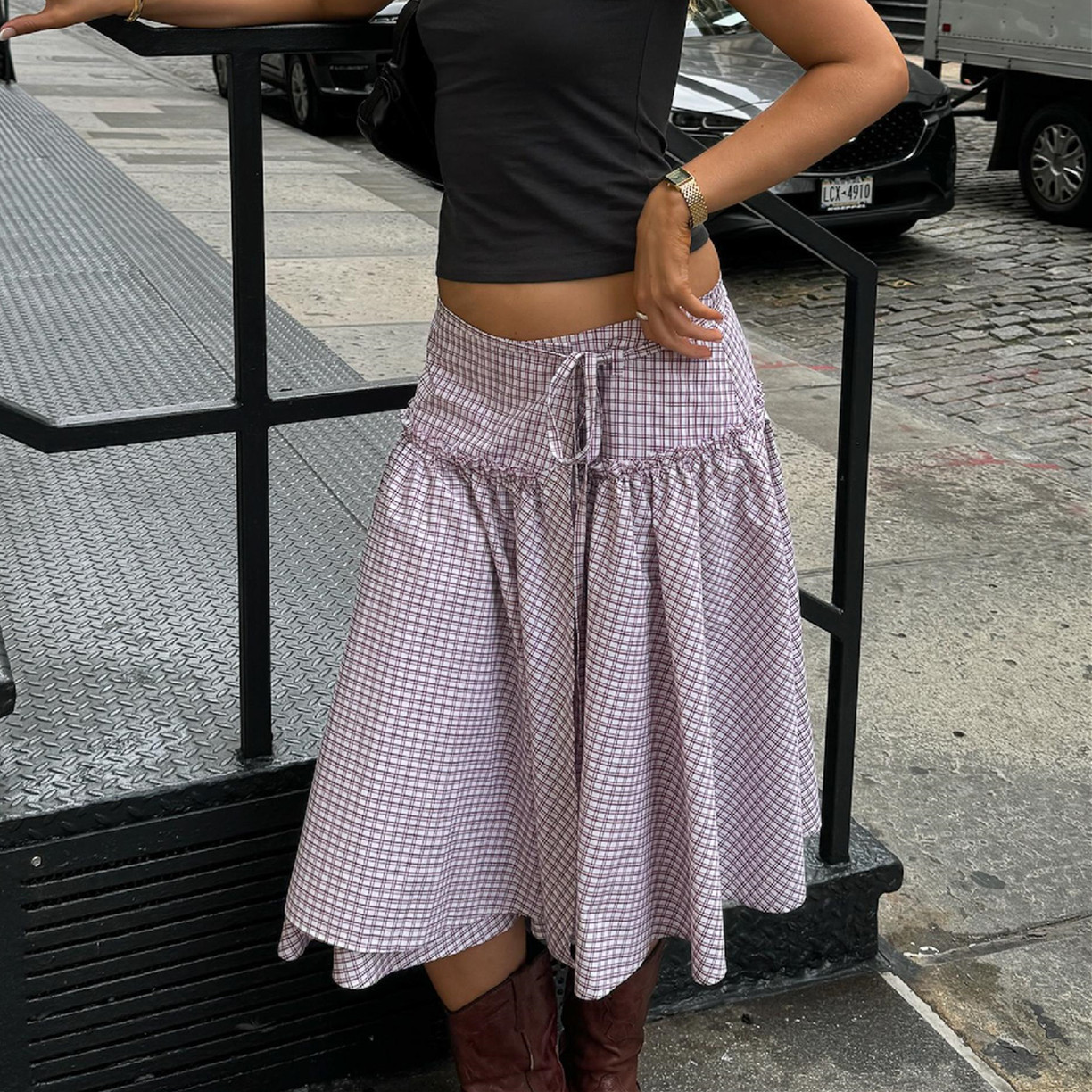Gaono Vrouwen Laagbouw Geruite Midi Rok Met Veters Ruche Zoom Een Lijn Rok Vintage Vastgebonden Gingham Gelaagde Rok Die Streetwear Uitgaat