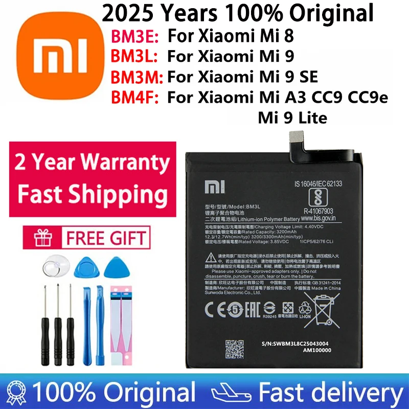 2025 Jahre 100% Original Batterie BM3E BM3L BM3M BM4F Für Xiaomi Mi 9/Mi 9 Lite A3 CC9 CC9e/Mi 9 SE/Mi 8/Telefon Batterien