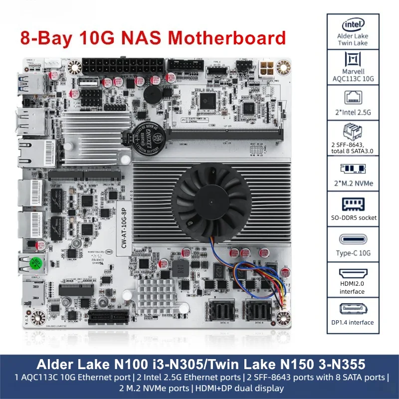 Intel N150 N100 i3-N305 8-Bay NAS Moederbord 1*10G 2*2.5G LAN's 2*NVMe 2*SFF-8643 naar 8*SATA Computer ITX Moederbord PCIex1 Type-C