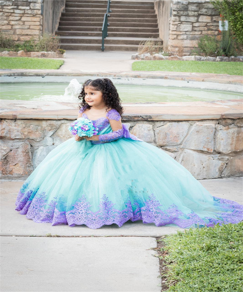 Robes à fleurs pour filles, avec des appliques de lavande, en Tulle pelucheux, avec nœud, pour concours d'anniversaire, première Communion, mariage, Banquet, concours de beauté