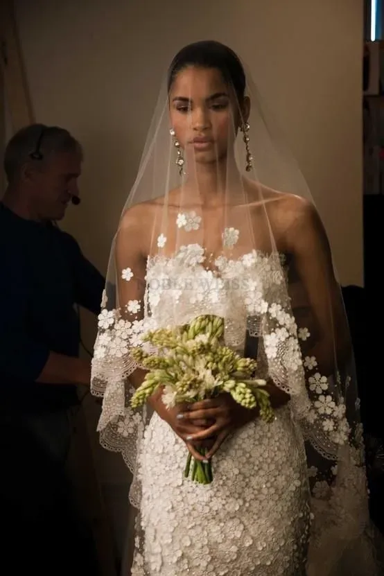 Véu de noiva 3d flores longo véu de casamento mantilla acessórios de casamento apliques com flores de renda personalizado