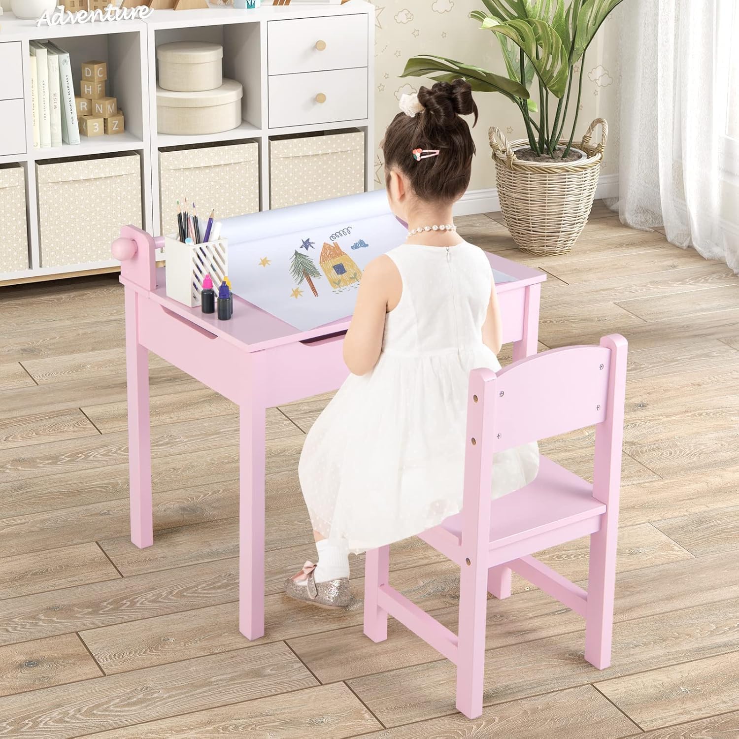Kinderschreibtisch mit Stuhl, mit Klapptischplatte, mit Papierrollenhalter und Markern, für Kinder ab 3 Jahren (Rosa)