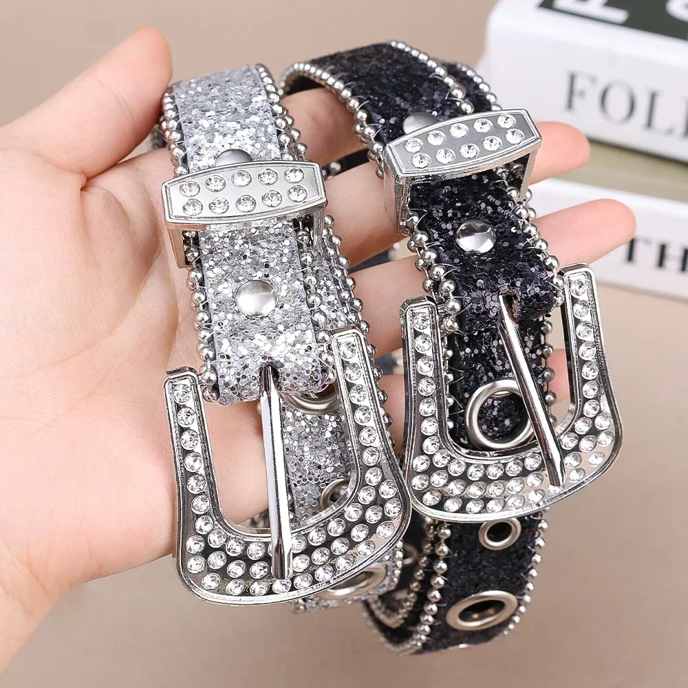 Y2k moda feminina sólida impressão cravejada completa strass cinto de couro do plutônio bling cristal ajustável glitter cintura para festa do clube