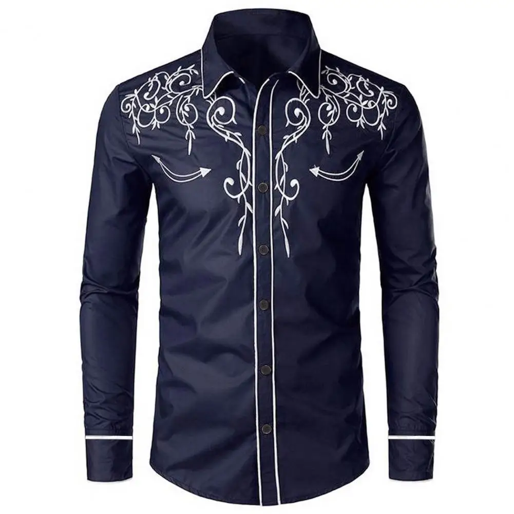 Camisa bordada a la moda para hombre, estilo vaquero occidental, manga larga, cuello de solapa, camisa de un solo pecho, camisa informal bordada, Top