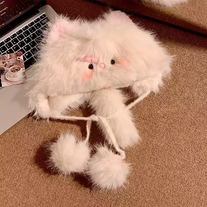 Nuovo simpatico cappello di peluche con gatto a forcina donna autunno inverno calore viso ispessito cappello pullover dimagrante scaldacollo versatile Natale