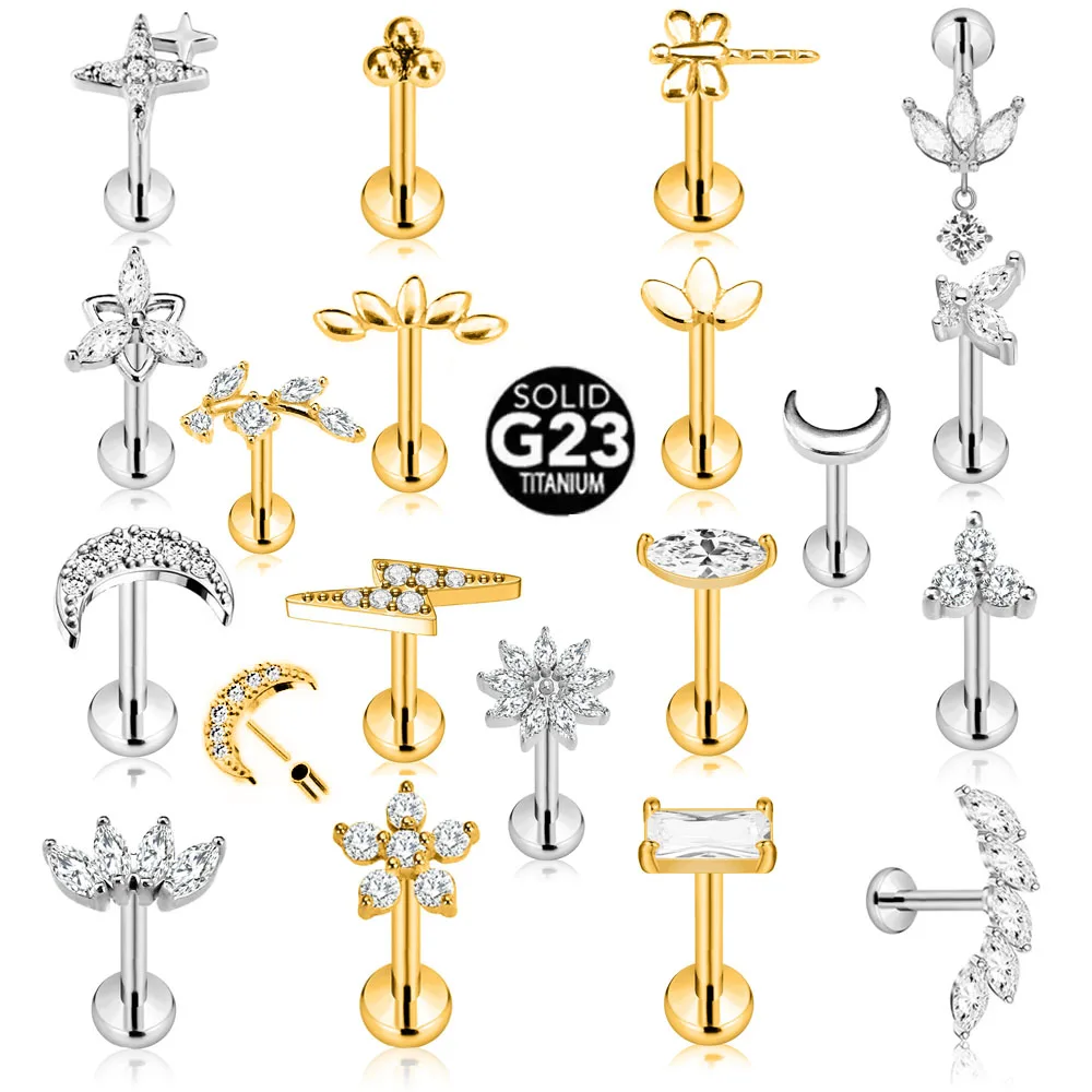 ASTM F136 G23 flor de titanio Luna mariposa sin rosca Piercing relámpago Pin Push in labio Stud Daith Concha pendiente 16G 18G 20G